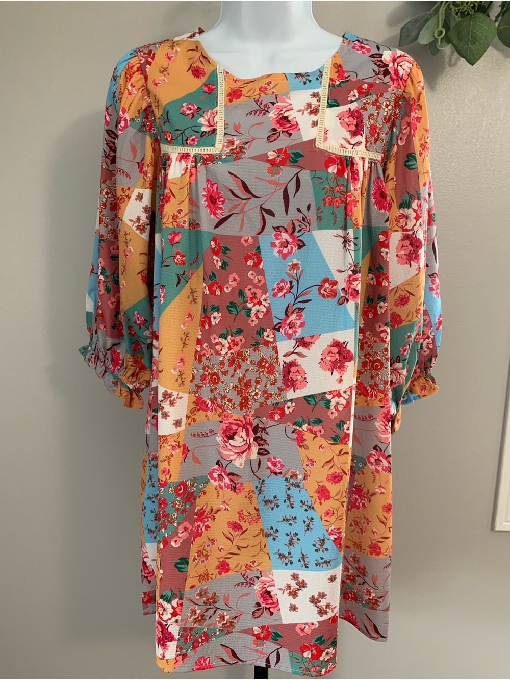 NWT Umgee Multicolor Floral Patchwork Long Sleeve Shift Dress
